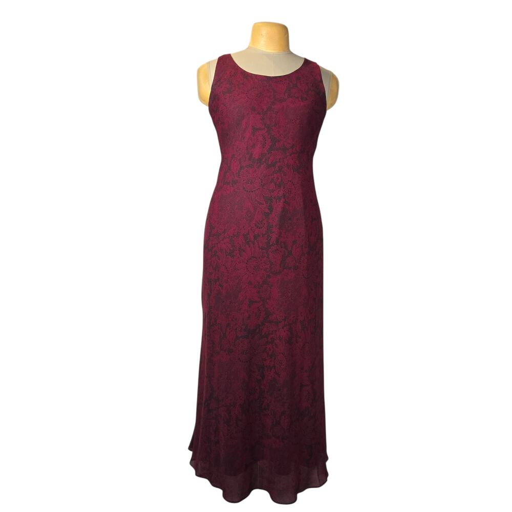 Positive Attitude Burgundy Black Floral Lace Maxi Dress Medium Vtg Gothic Vampy‎